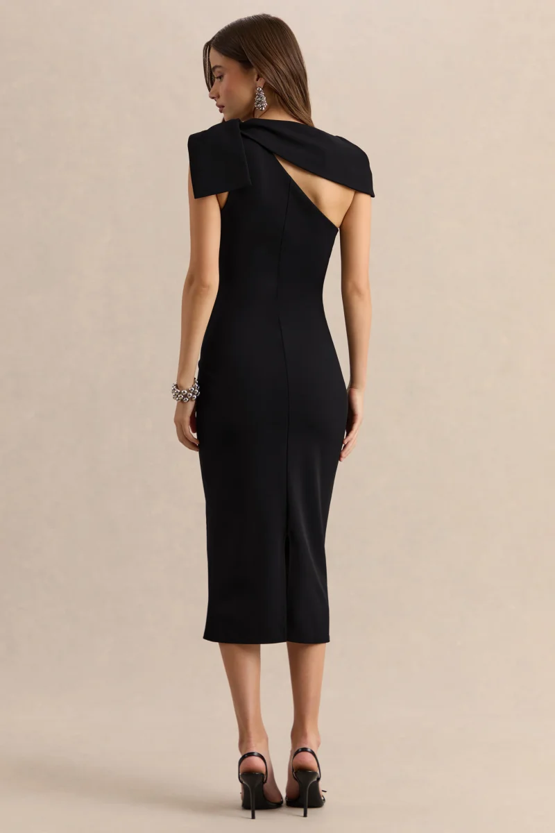 Clarina | Negro Escote Asimétrico Vestido Midi con Detalle de Lazo - Imagen 3