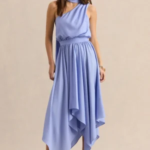 Caluna | Vestido Midi Azul Celeste Satén Escote Asimétrico con Detalle de Pañuelo