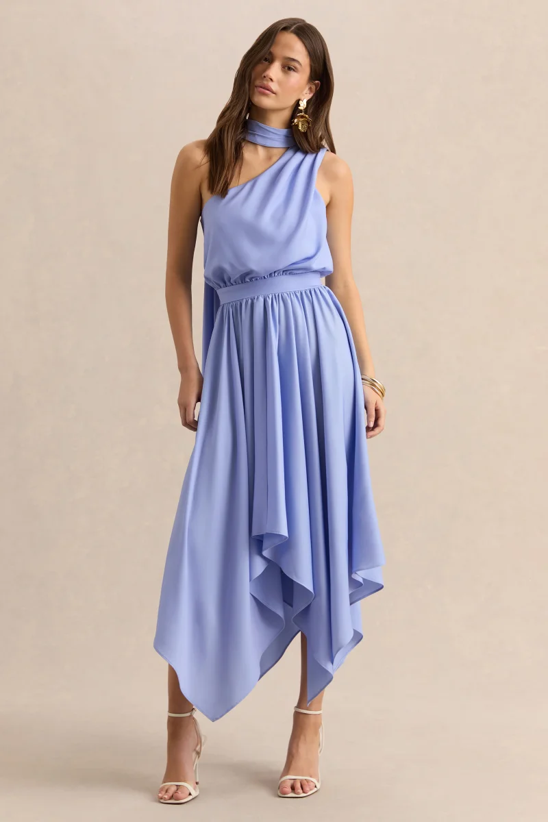 Caluna | Vestido Midi Azul Celeste Satén Escote Asimétrico con Detalle de Pañuelo