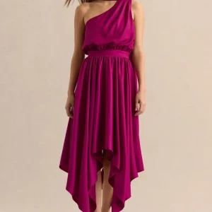Caluna | Vestido Midi Rosa Intenso Satén Escote Asimétrico con Detalle de Pañuelo