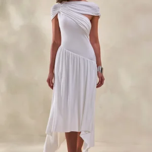 Lorina | Vestido Midi Blanco De Cuello Alto Con Cintura Asimétrica
