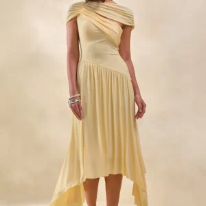 Lorina | Vestido Midi Amarillo Limón De Cuello Alto Con Cintura Asimétrica