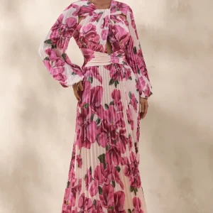 Rionna | Vestido Largo Rosa Con Estampado Hibiscus Y Abertura Frontal