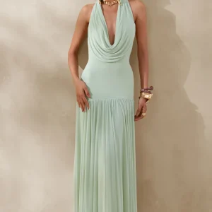 Verity | Vestido Largo Verde De Jersey Elástico Con Escote Cowl Y Espalda Abierta