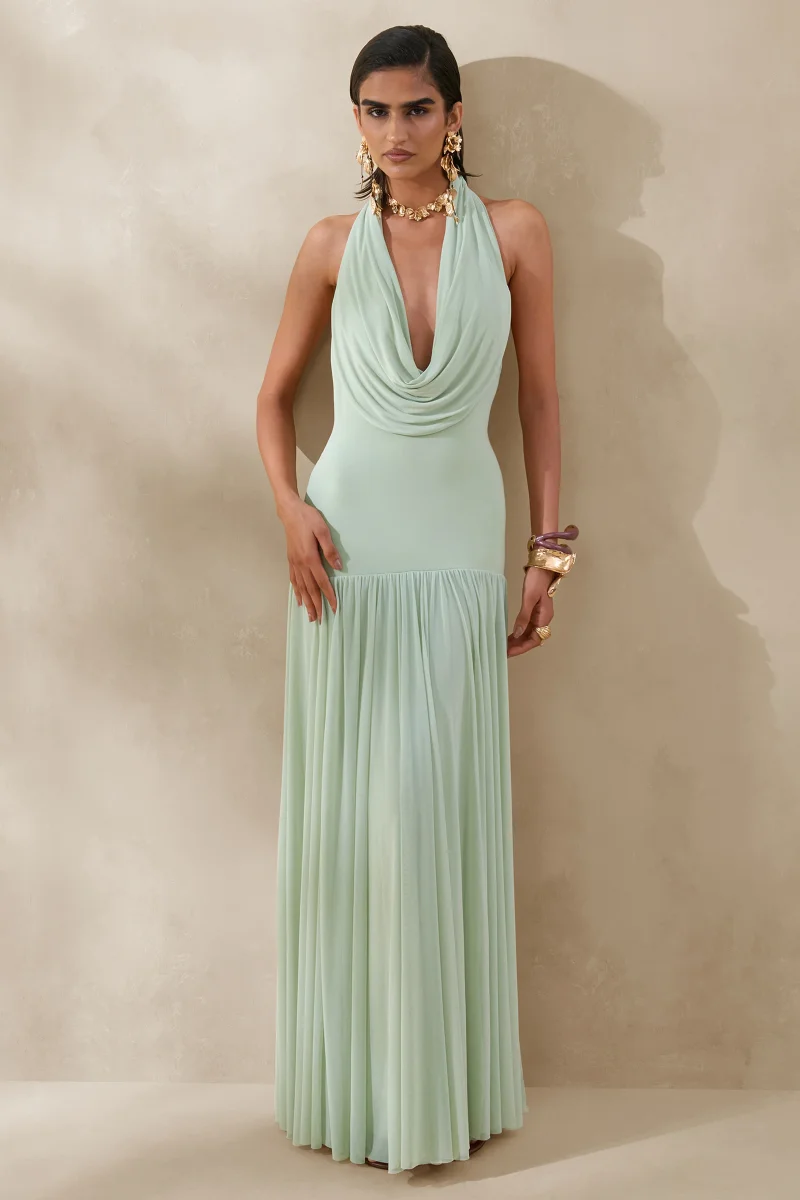 Verity | Vestido Largo Verde De Jersey Elástico Con Escote Cowl Y Espalda Abierta