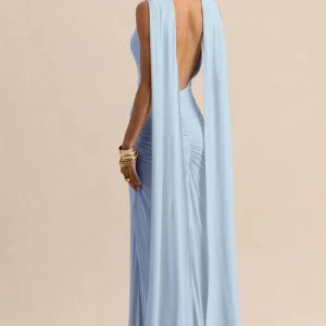 Premiere | Vestido Largo Azul Empolvado De Jersey Elástico Con Escote Barco Y Mangas Capa