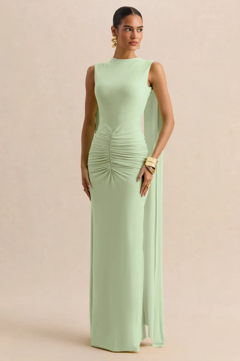 Premiere | Vestido Largo Verde Menta De Jersey Elástico Con Escote Barco Y Mangas Capa - Imagen 6