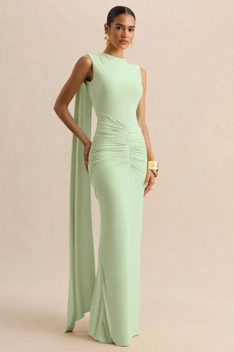 Premiere | Vestido Largo Verde Menta De Jersey Elástico Con Escote Barco Y Mangas Capa - Imagen 7