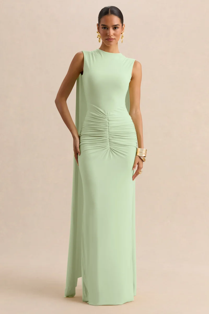 Premiere | Vestido Largo Verde Menta De Jersey Elástico Con Escote Barco Y Mangas Capa - Imagen 3