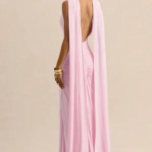 Premiere | Vestido Largo Rosa Claro Con Escote Barco, Mangas Capa Y Espalda Abierta
