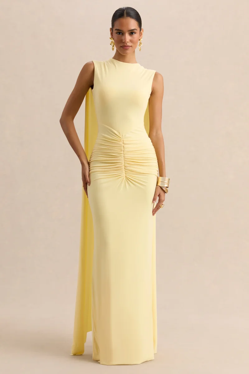 Premiere | Vestido Largo Color Limón Con Escote Barco Mangas Capa Y Espalda Abierta - Imagen 3