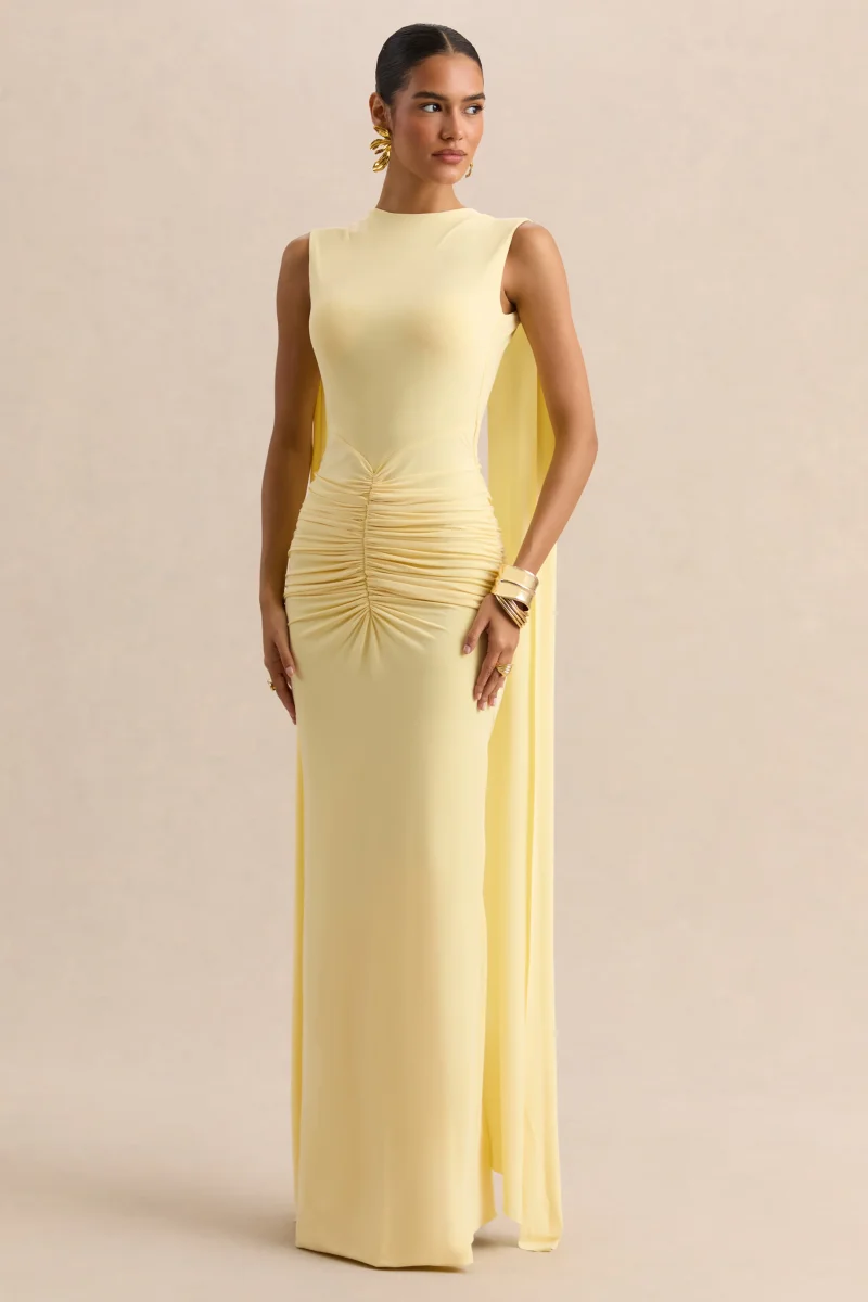 Premiere | Vestido Largo Color Limón Con Escote Barco Mangas Capa Y Espalda Abierta - Imagen 7