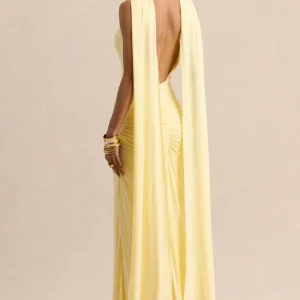 Premiere | Vestido Largo Color Limón Con Escote Barco Mangas Capa Y Espalda Abierta