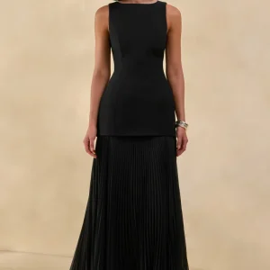 Hadley | Vestido Largo Negro Con Escote Barco Y Cintura Baja