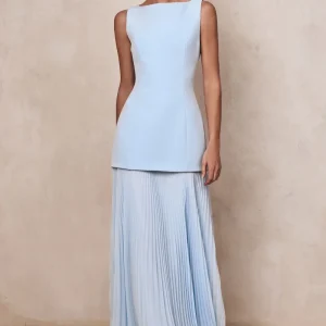 Hadley | Vestido Largo Azul Polvo con escote barco y cintura caída