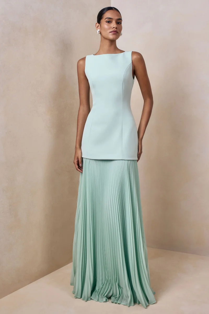 Hadley | Vestido Largo Verde Salvia con escote barco y cintura caída - Imagen 5