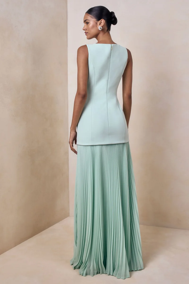 Hadley | Vestido Largo Verde Salvia con escote barco y cintura caída - Imagen 3