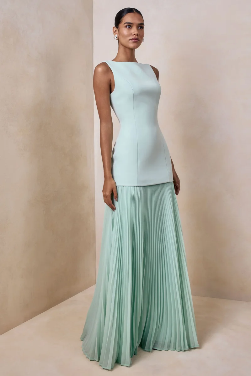 Hadley | Vestido Largo Verde Salvia con escote barco y cintura caída - Imagen 6
