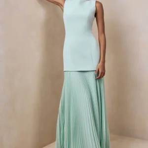 Hadley | Vestido Largo Verde Salvia con escote barco y cintura caída