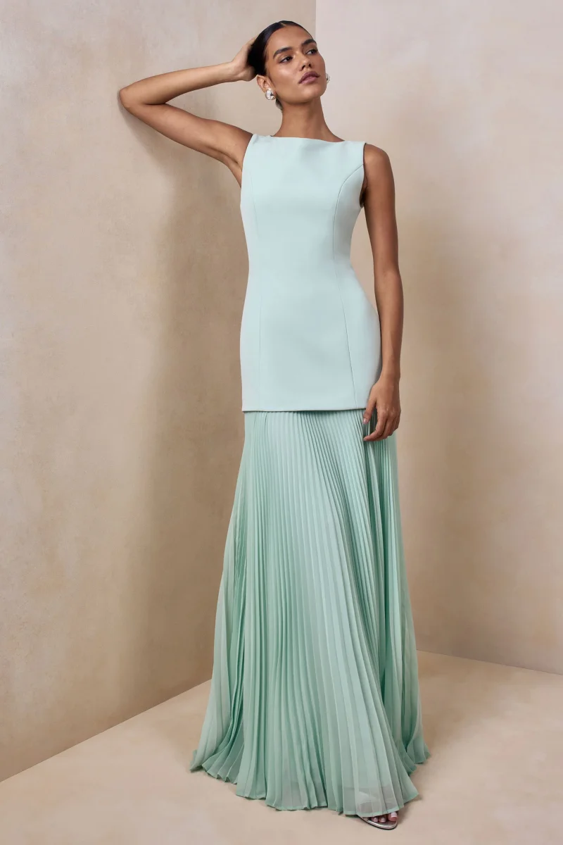Hadley | Vestido Largo Verde Salvia con escote barco y cintura caída - Imagen 2