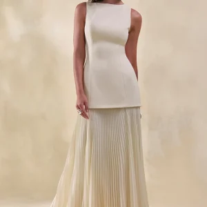 Hadley | Vestido Largo Piedra De Scuba Crepé Con Cuello Barco Y Talle Caído
