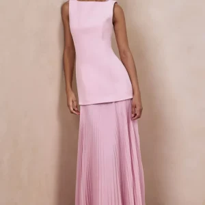 Hadley | Vestido Largo rosa claro con escote barco y cintura caída