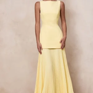 Hadley | Vestido Largo limón con escote barco y cintura caída