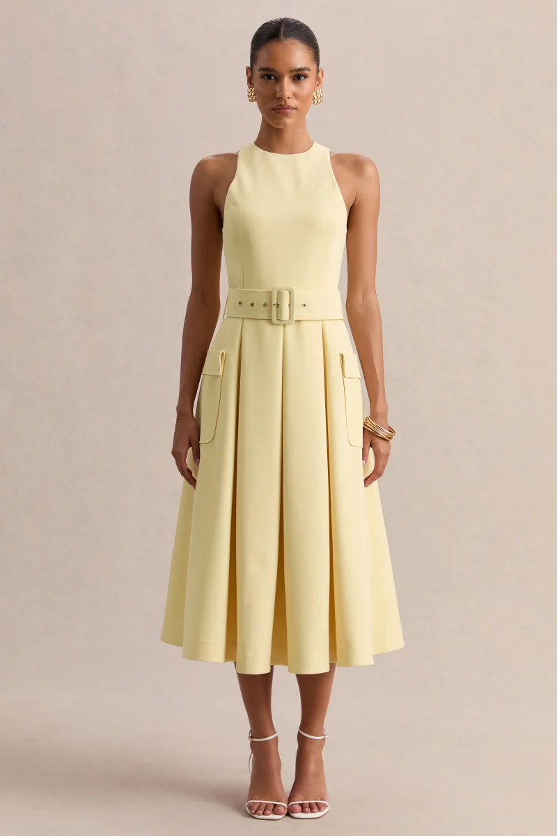 Magnora | Limón Cuello Redondo Con Cinturón Vestido Midi - Imagen 6
