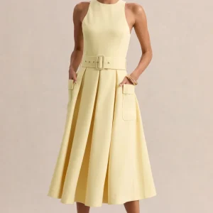 Magnora | Limón Cuello Redondo Con Cinturón Vestido Midi