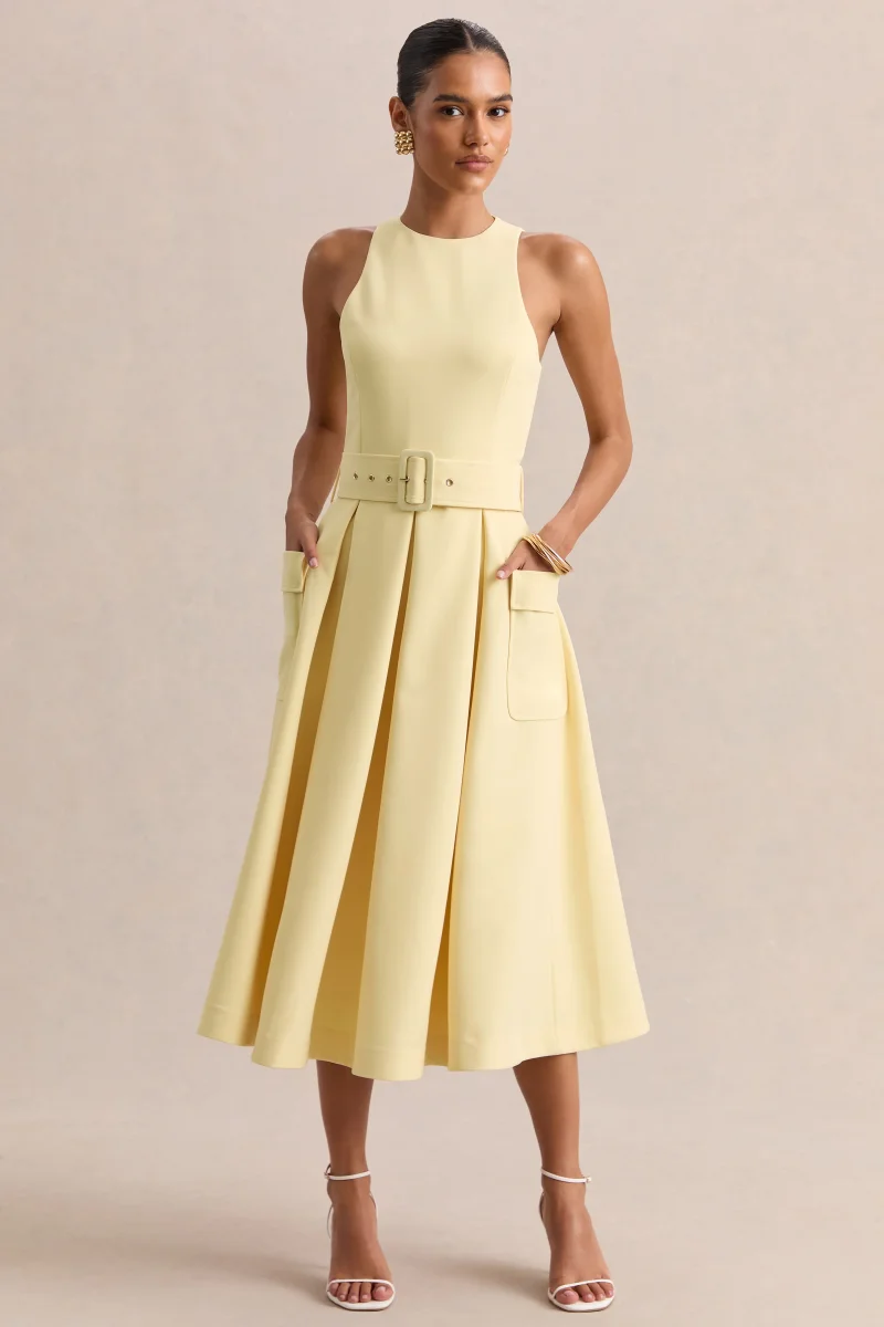 Magnora | Limón Cuello Redondo Con Cinturón Vestido Midi - Imagen 2