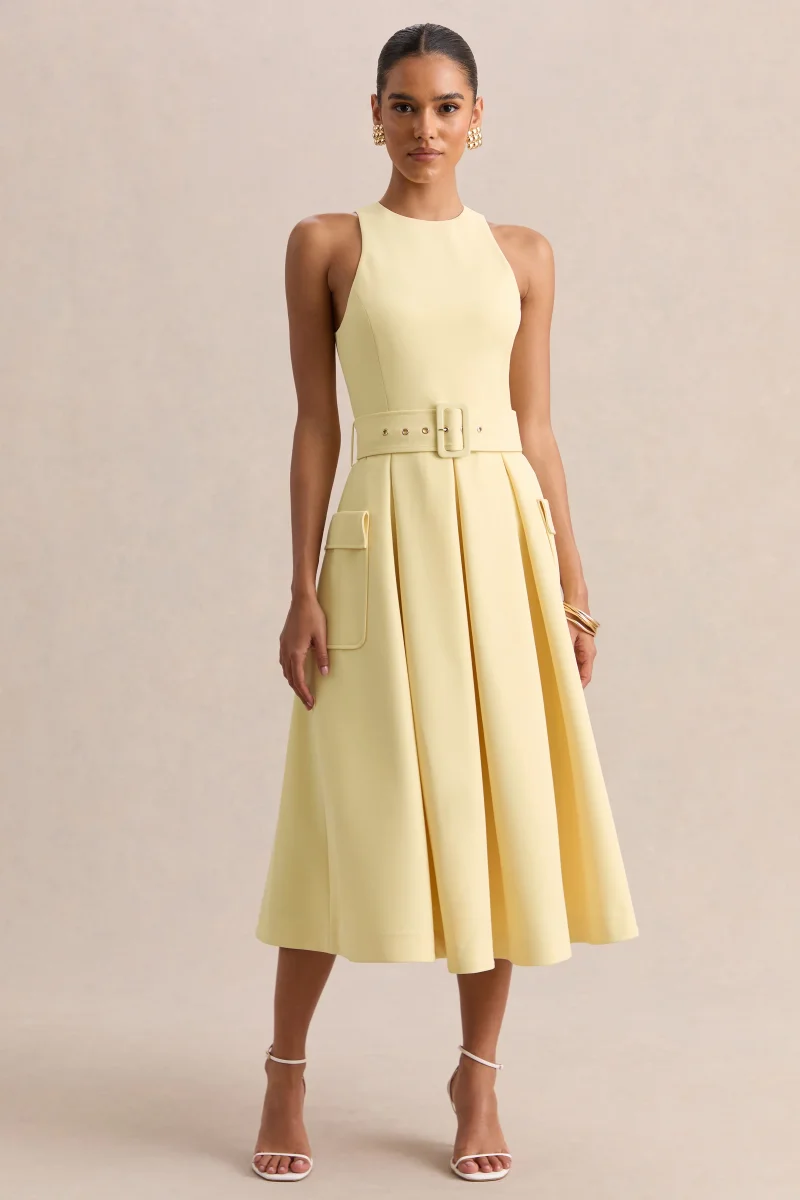 Magnora | Limón Cuello Redondo Con Cinturón Vestido Midi - Imagen 5