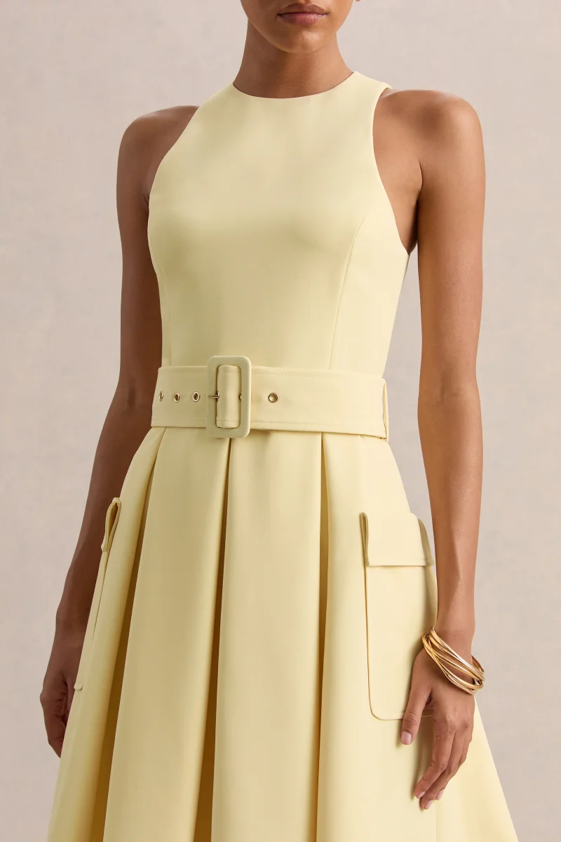 Magnora | Limón Cuello Redondo Con Cinturón Vestido Midi - Imagen 4