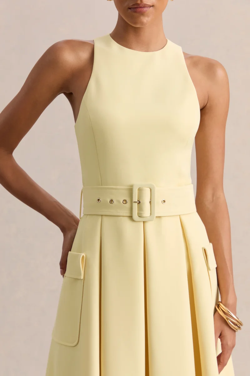 Magnora | Limón Cuello Redondo Con Cinturón Vestido Midi - Imagen 7