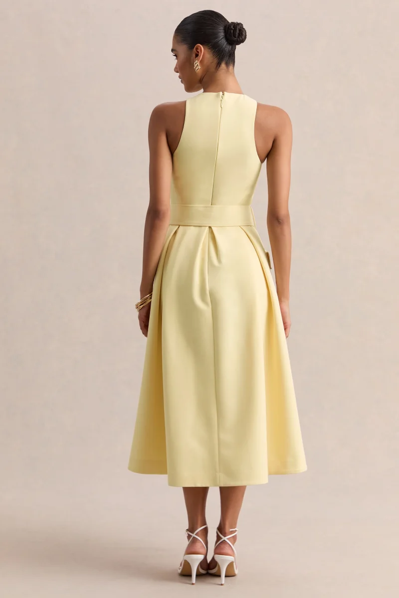 Magnora | Limón Cuello Redondo Con Cinturón Vestido Midi - Imagen 3