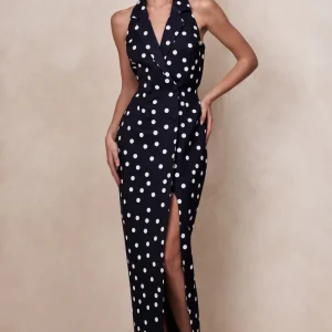 Hana | Vestido Largo Negro Y Blanco De Lunares Con Escote Pronunciado Y Cuello