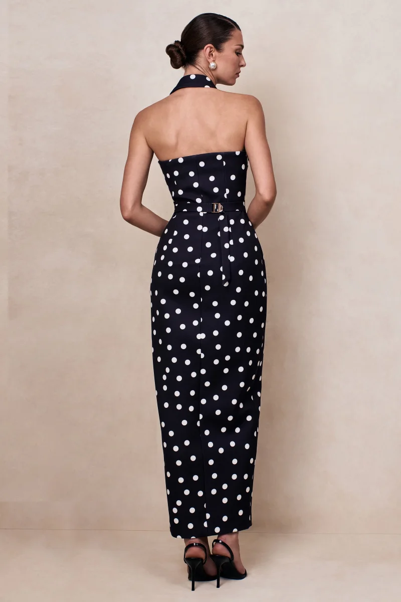 Hana | Vestido Largo Negro Y Blanco De Lunares Con Escote Pronunciado Y Cuello - Imagen 3