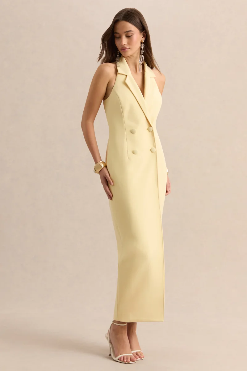 Hana | Vestido Largo Sastre Color Limón Con Escote Pronunciado - Imagen 6