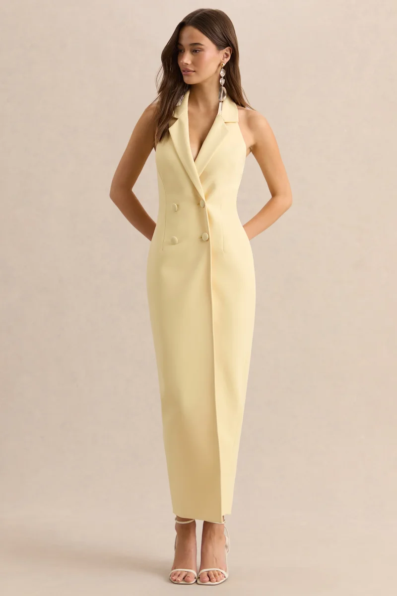 Hana | Vestido Largo Sastre Color Limón Con Escote Pronunciado - Imagen 5
