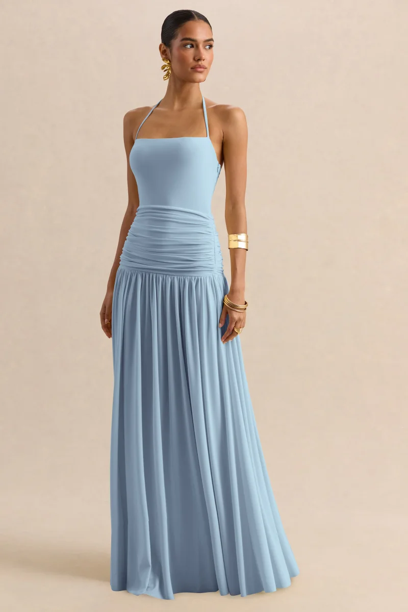 Nicolette | Azul Celeste Escote Cuadrado Vestido Largo con Detalle Fruncido - Imagen 7