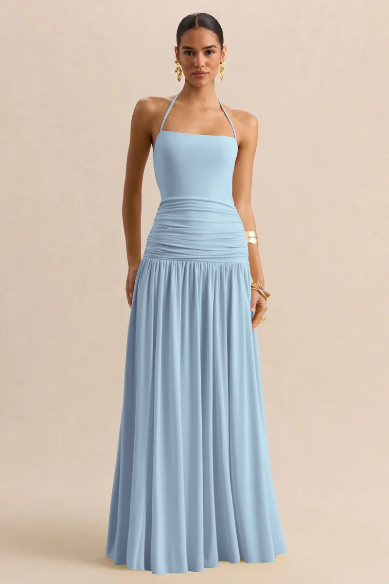 Nicolette | Azul Celeste Escote Cuadrado Vestido Largo con Detalle Fruncido