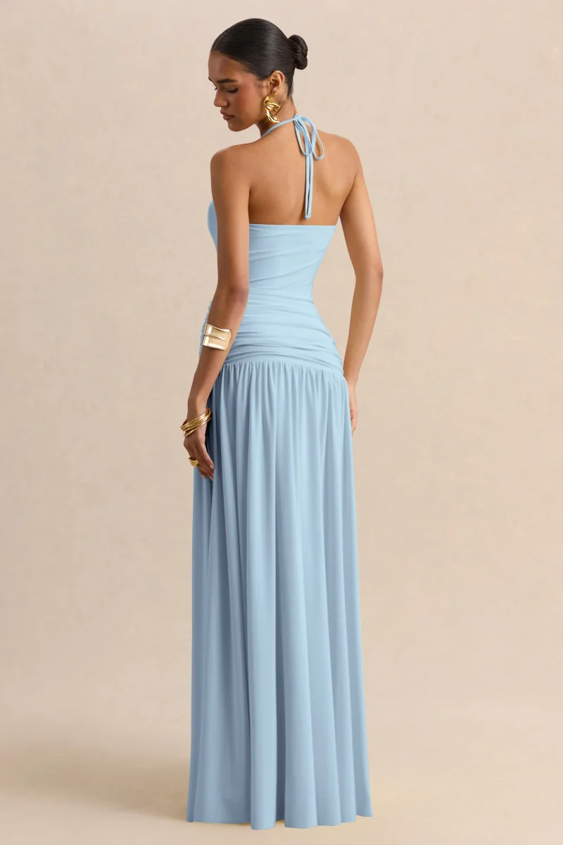 Nicolette | Azul Celeste Escote Cuadrado Vestido Largo con Detalle Fruncido - Imagen 6