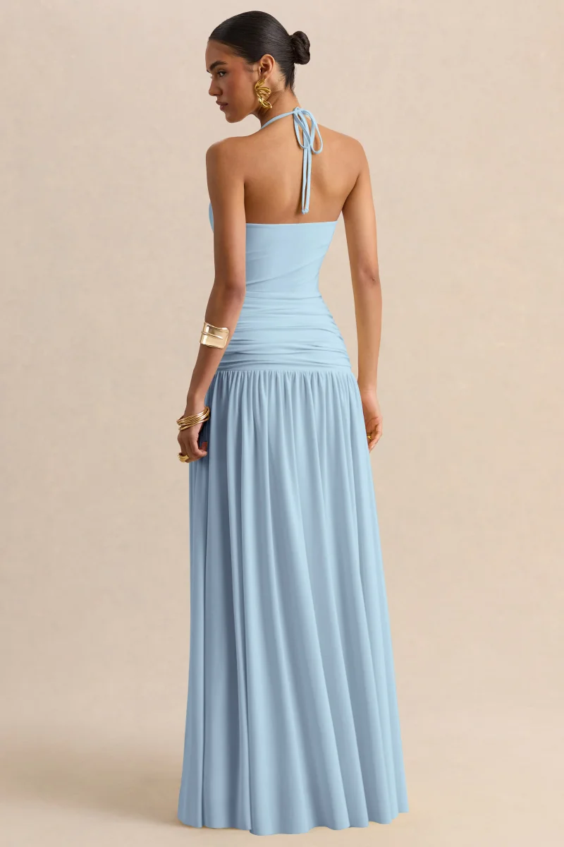Nicolette | Azul Celeste Escote Cuadrado Vestido Largo con Detalle Fruncido - Imagen 3