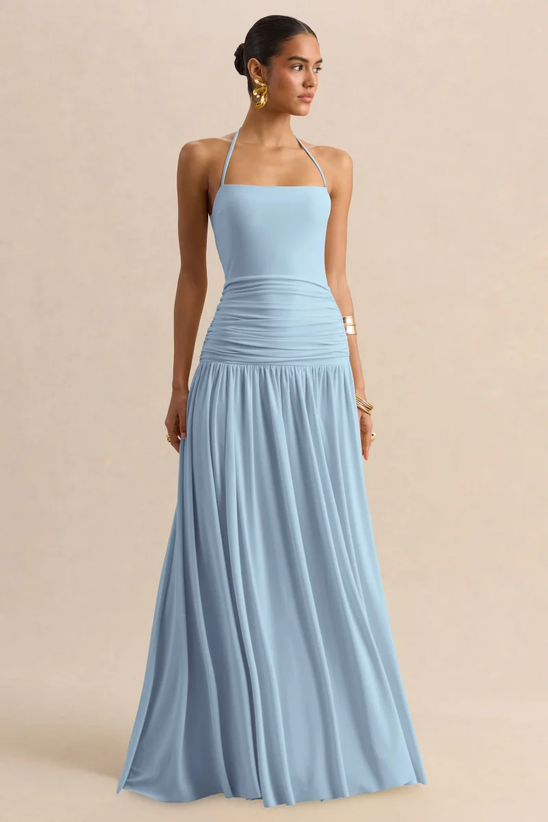 Nicolette | Azul Celeste Escote Cuadrado Vestido Largo con Detalle Fruncido - Imagen 5