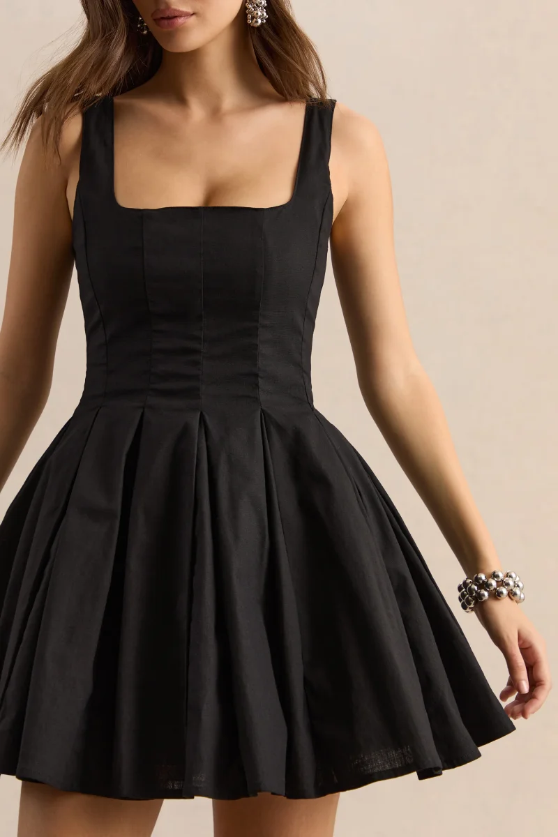 Brioria | Vestido Corto Negro De Efecto Lino Con Escote Cuadrado - Imagen 8