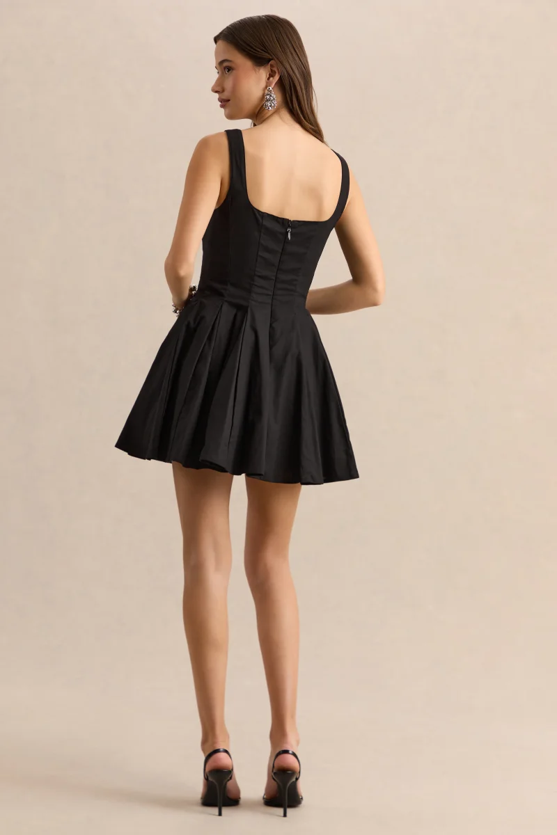 Brioria | Vestido Corto Negro De Efecto Lino Con Escote Cuadrado - Imagen 3