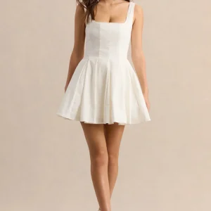 Brioria | Vestido Corto Blanco De Efecto Lino Con Escote Cuadrado Y Falda Skater
