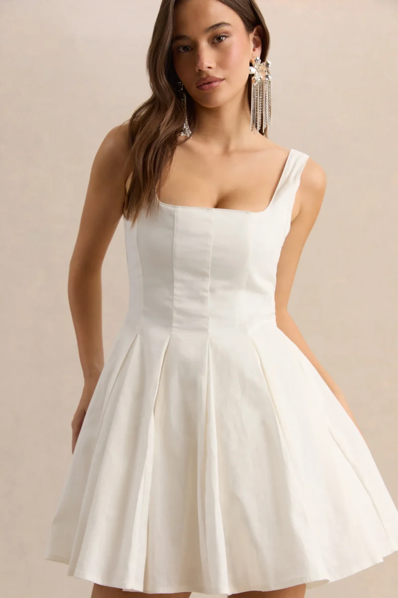 Brioria | Vestido Corto Blanco De Efecto Lino Con Escote Cuadrado Y Falda Skater - Imagen 7
