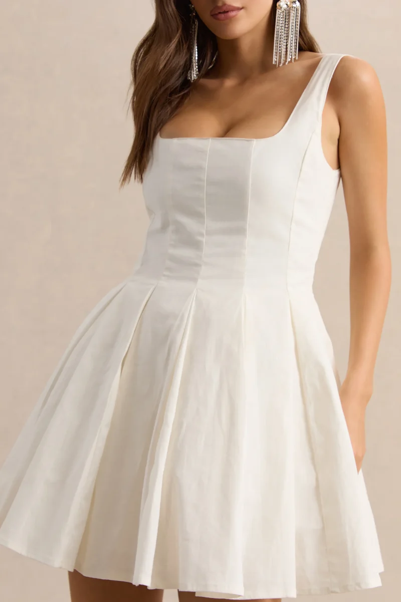 Brioria | Vestido Corto Blanco De Efecto Lino Con Escote Cuadrado Y Falda Skater - Imagen 8