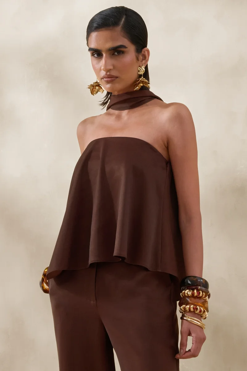 Evandra | Marrón Satén Bandeau Top con Pañuelo - Imagen 6