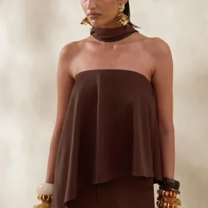 Evandra | Marrón Satén Bandeau Top con Pañuelo